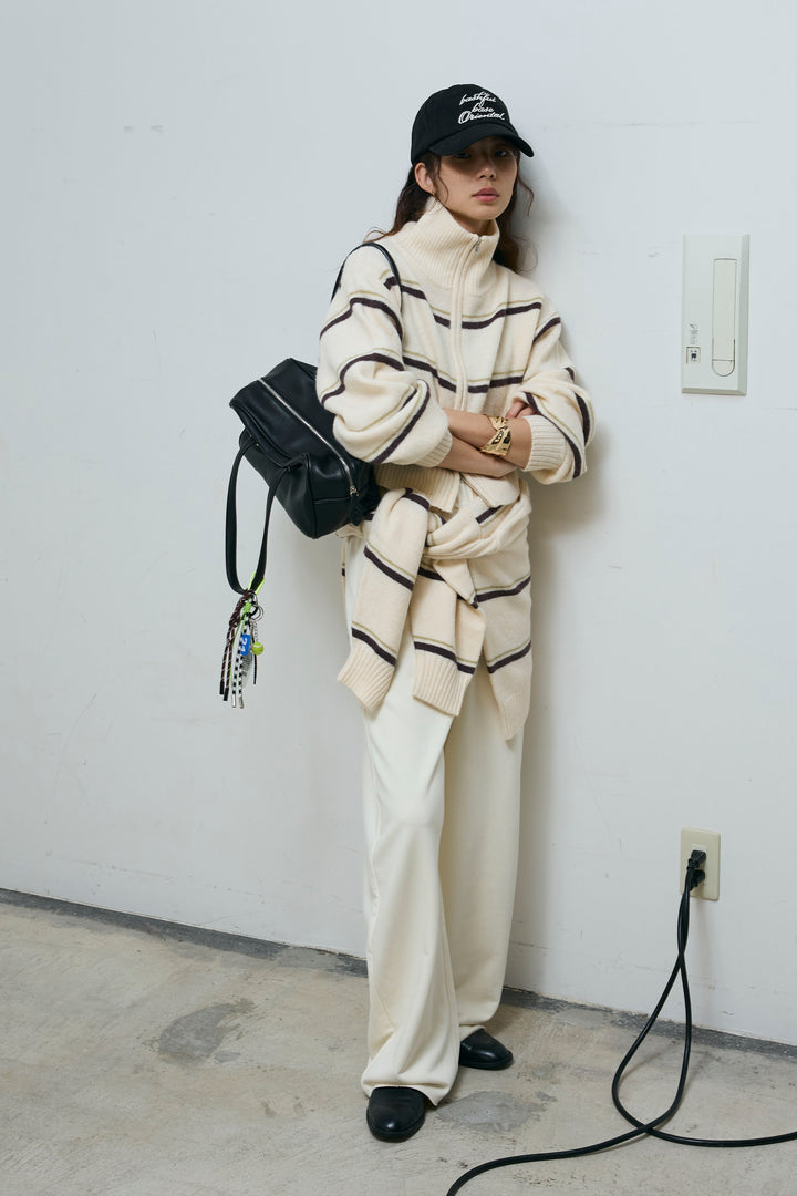 [予約/SET]スタンドカラーボーダージップニット+カーブスウェットパンツ(2set)