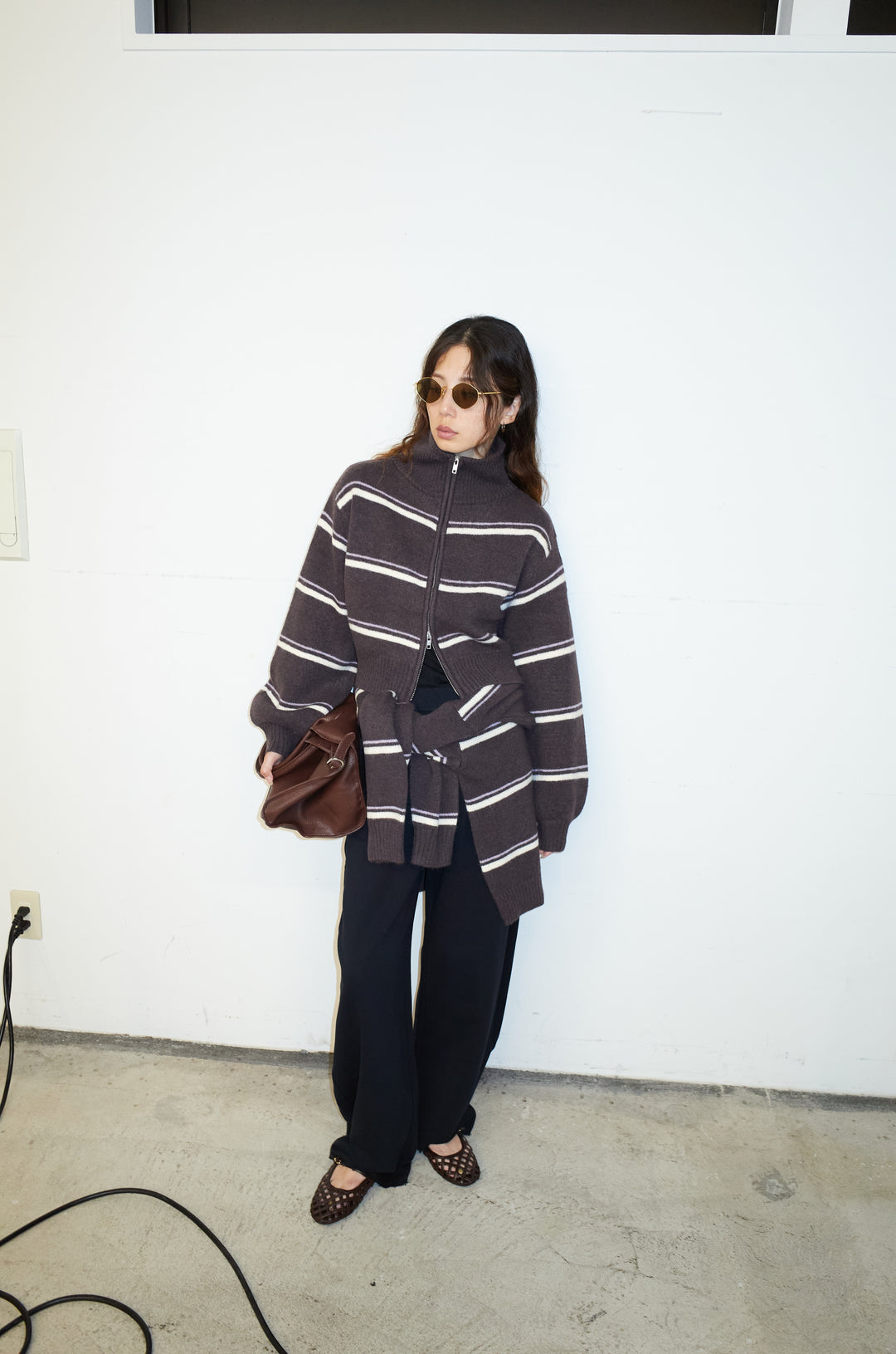 [予約/SET]スタンドカラーボーダージップニット+カーブスウェットパンツ(2set)