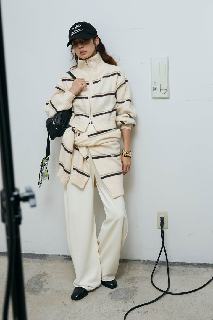 [予約/SET]スタンドカラーボーダージップニット+カーブスウェットパンツ(2set)