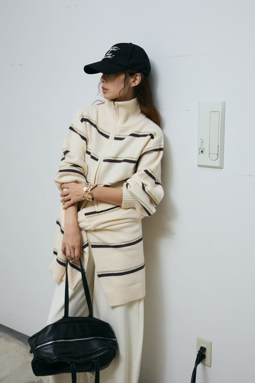 [予約/SET]スタンドカラーボーダージップニット+カーブスウェットパンツ(2set)