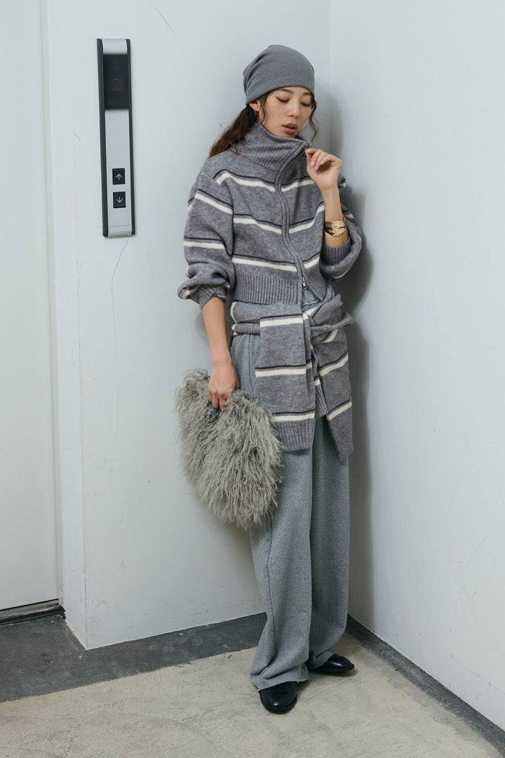 [予約/SET]スタンドカラーボーダージップニット+カーブスウェットパンツ(2set)