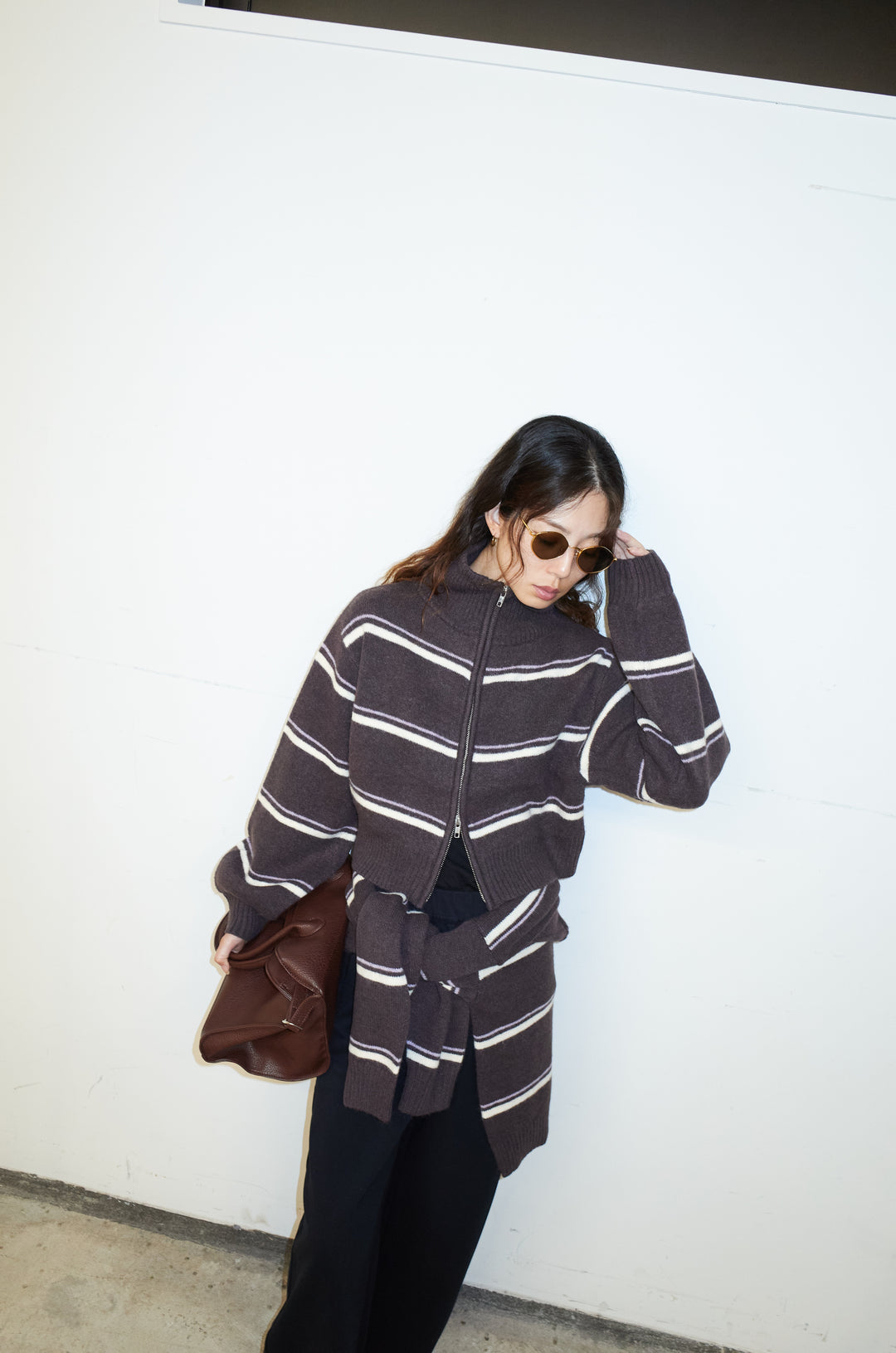 [予約/SET]スタンドカラーボーダージップニット+カーブスウェットパンツ(2set)