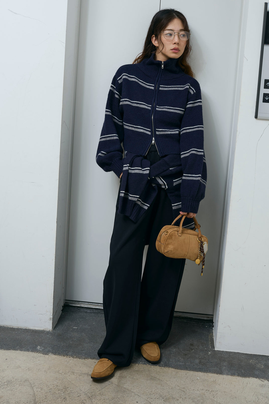 [予約/SET]スタンドカラーボーダージップニット+カーブスウェットパンツ(2set)