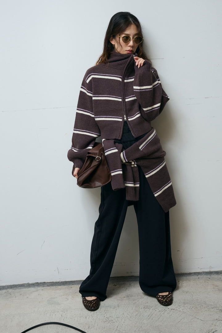 [予約/SET]スタンドカラーボーダージップニット+カーブスウェットパンツ(2set)