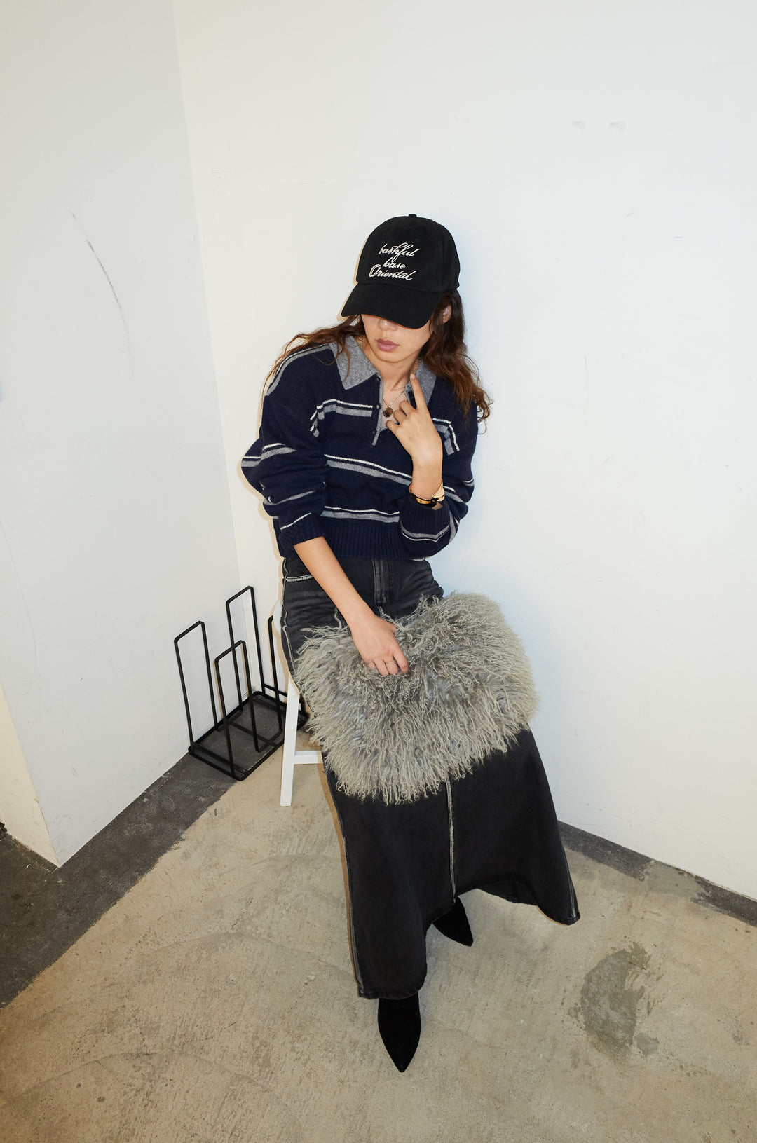 [予約/SET]ボーダーポロニット+ベルト付きデニムロングスカート(2set)