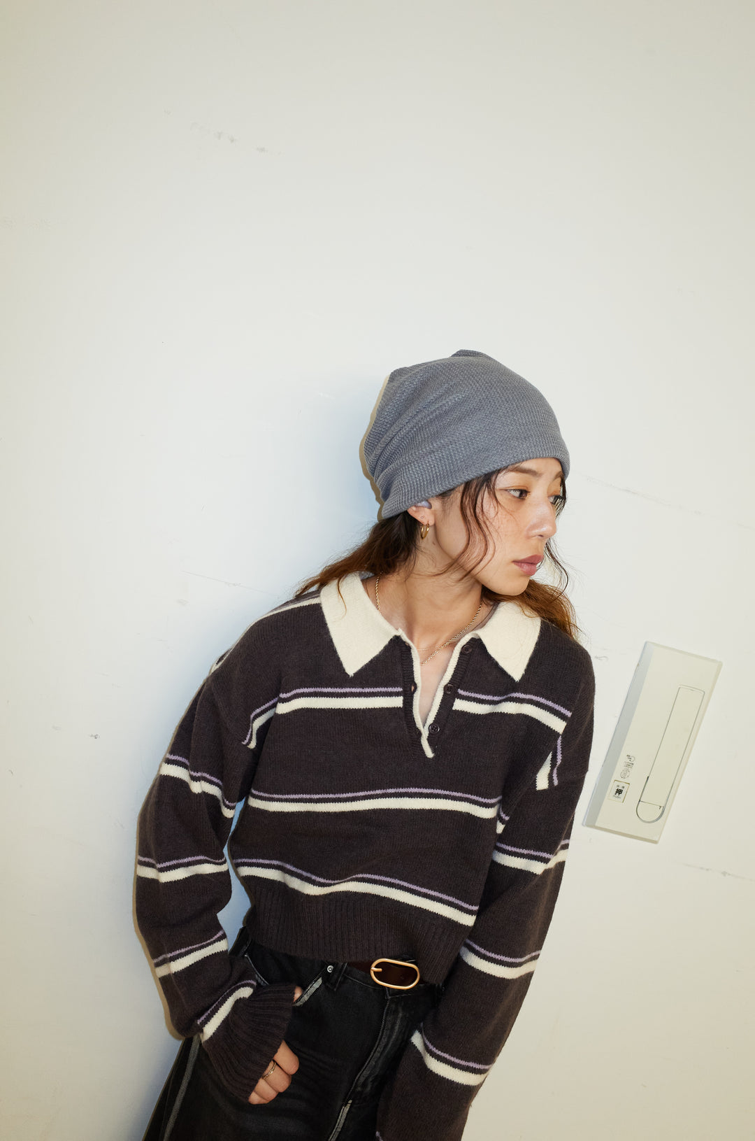 [予約/SET]ボーダーポロニット+ベルト付きデニムロングスカート(2set)