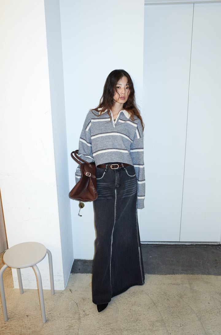 [予約/SET]ボーダーポロニット+ベルト付きデニムロングスカート(2set)