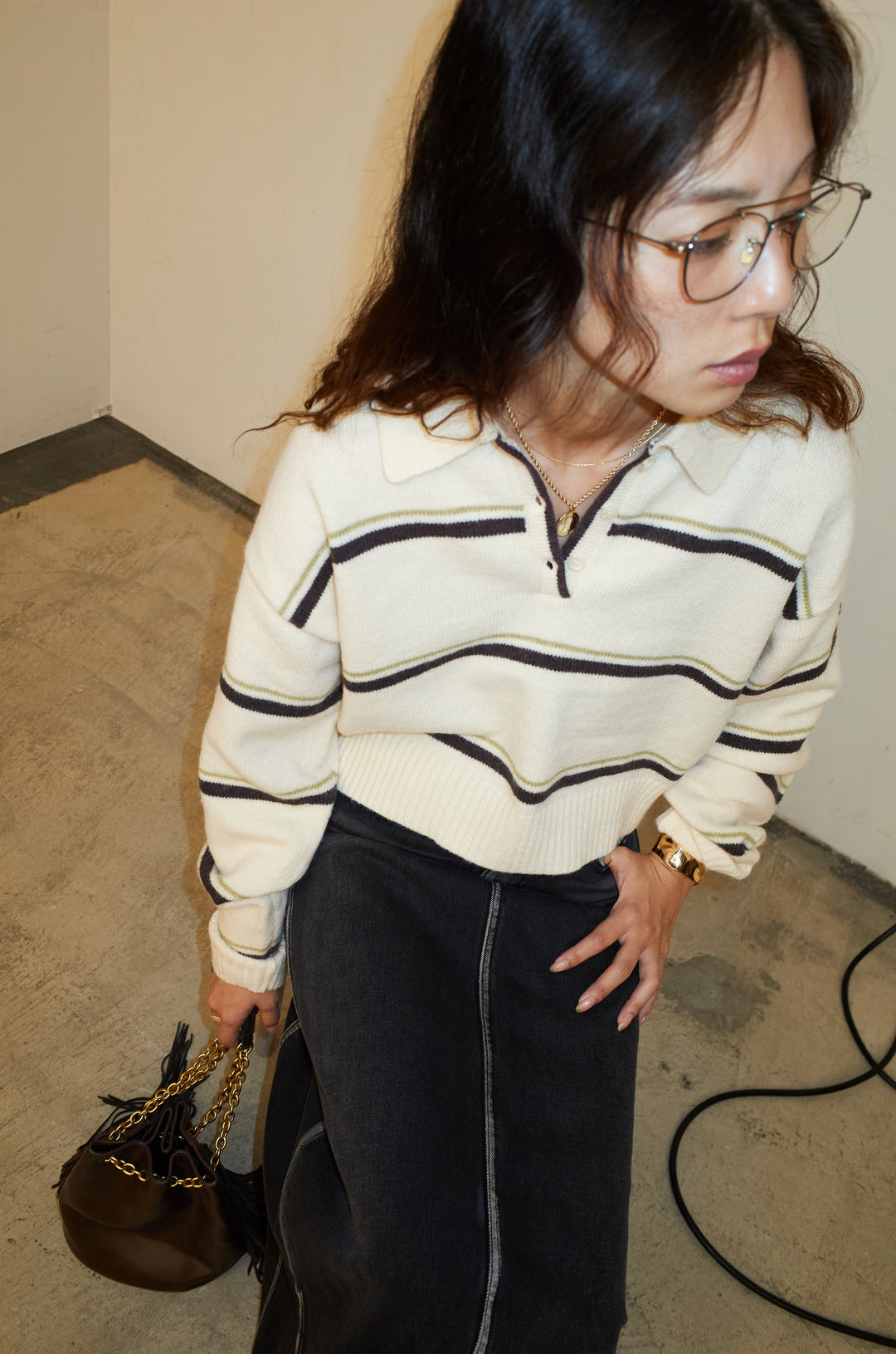 [予約/SET]ボーダーポロニット+ベルト付きデニムロングスカート(2set)