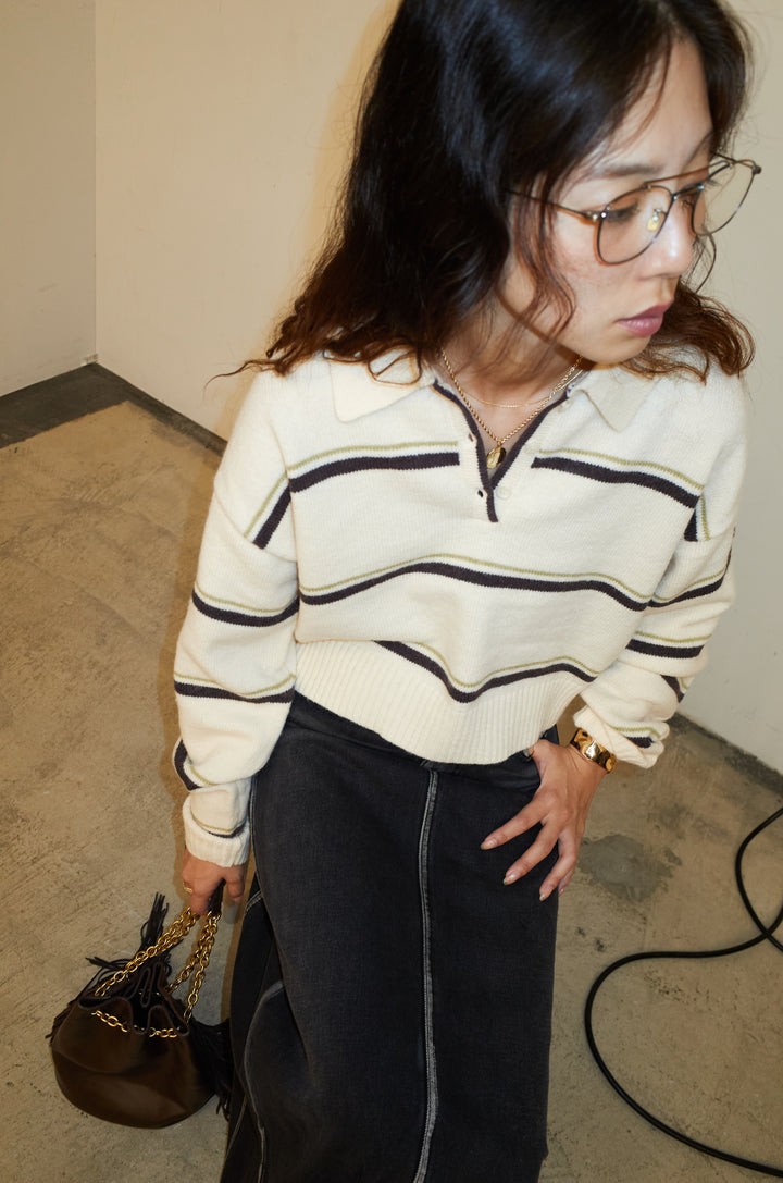 [予約/SET]ボーダーポロニット+ベルト付きデニムロングスカート(2set)