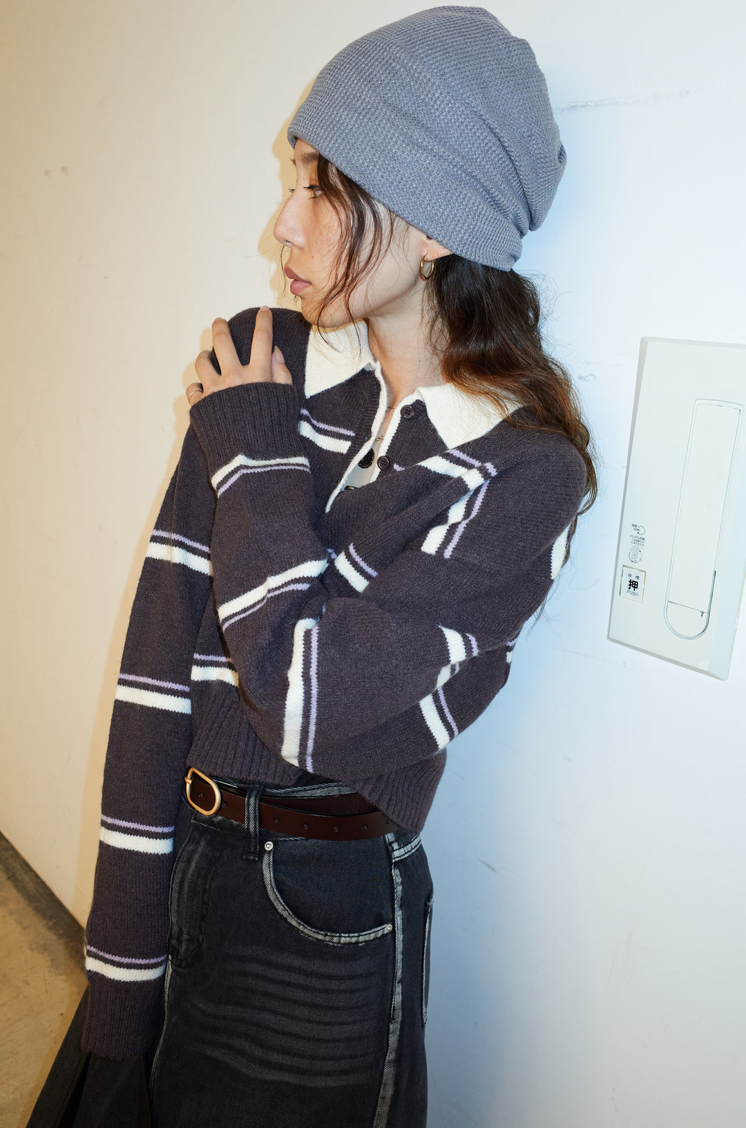 [予約/SET]ボーダーポロニット+ベルト付きデニムロングスカート(2set)