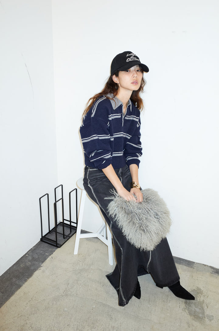 [予約/SET]ボーダーポロニット+ベルト付きデニムロングスカート(2set)