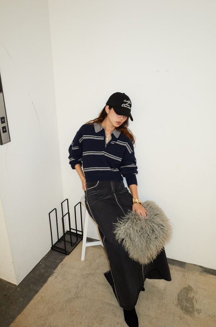 [予約/SET]ボーダーポロニット+ベルト付きデニムロングスカート(2set)