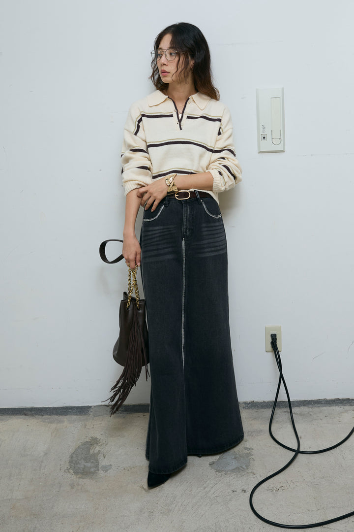 [予約/SET]ボーダーポロニット+ベルト付きデニムロングスカート(2set)
