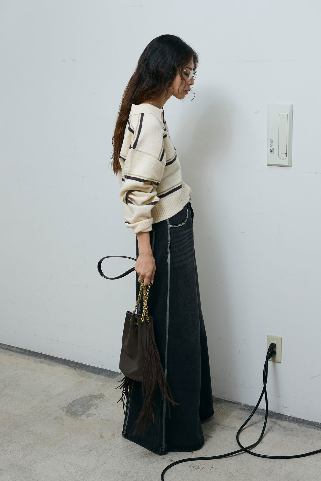 [予約/SET]ボーダーポロニット+ベルト付きデニムロングスカート(2set)