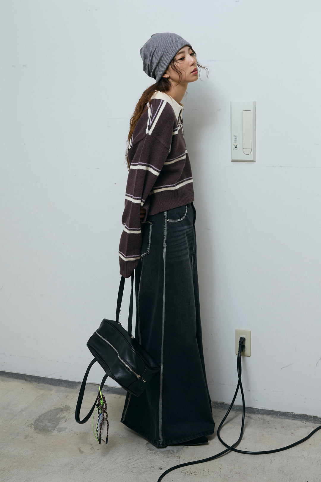 [予約/SET]ボーダーポロニット+ベルト付きデニムロングスカート(2set)