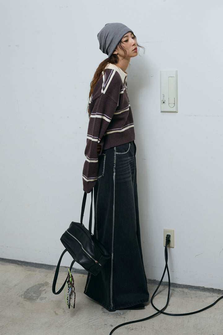 [予約/SET]ボーダーポロニット+ベルト付きデニムロングスカート(2set)