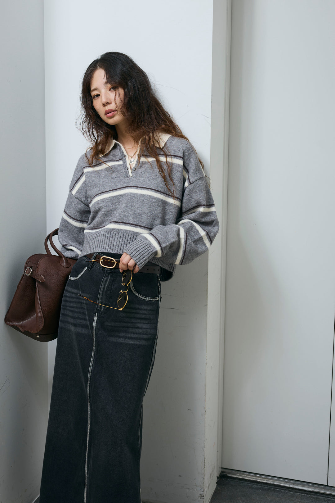 [予約/SET]ボーダーポロニット+ベルト付きデニムロングスカート(2set)