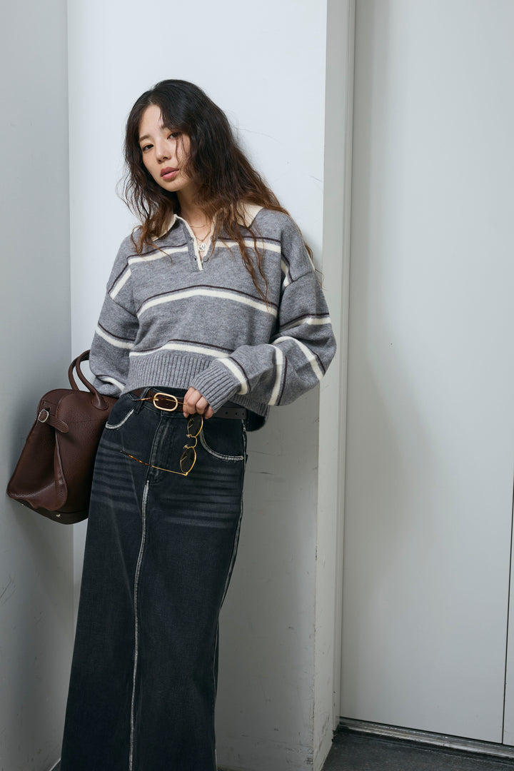 [予約/SET]ボーダーポロニット+ベルト付きデニムロングスカート(2set)