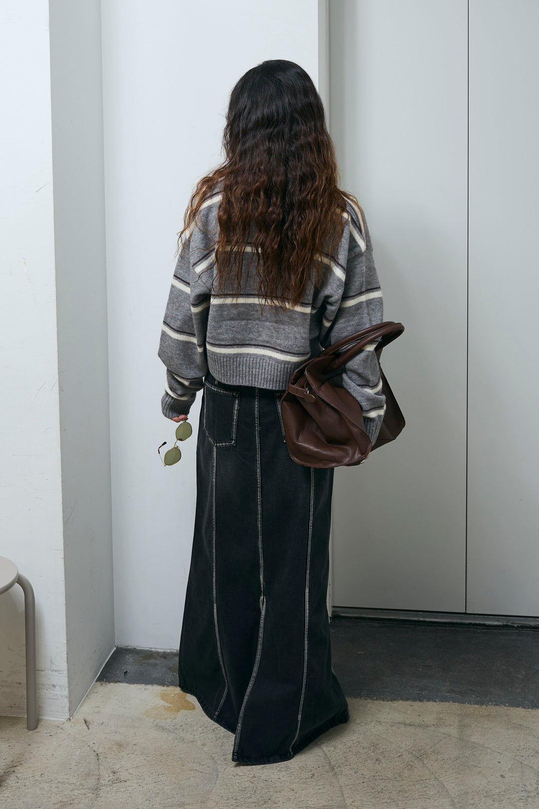 [予約/SET]ボーダーポロニット+ベルト付きデニムロングスカート(2set)