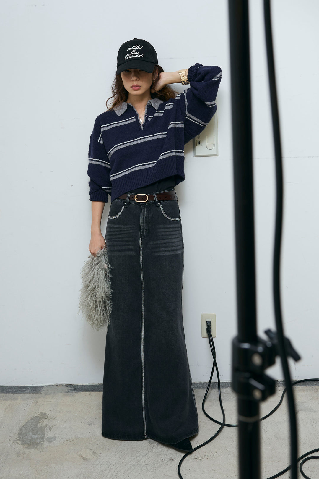 [予約/SET]ボーダーポロニット+ベルト付きデニムロングスカート(2set)