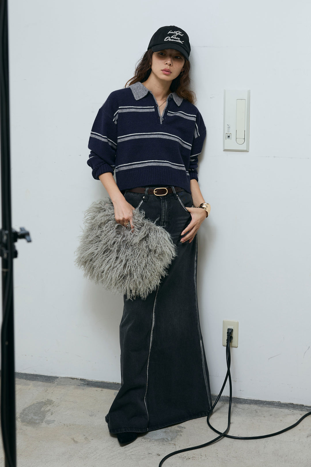 [予約/SET]ボーダーポロニット+ベルト付きデニムロングスカート(2set)