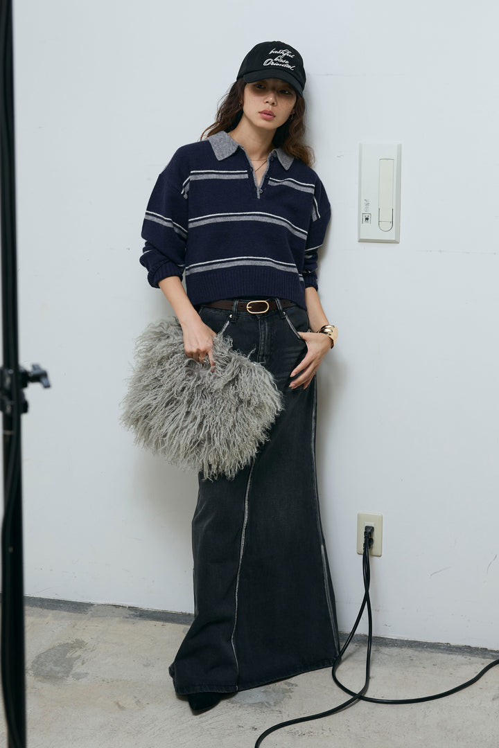 [予約/SET]ボーダーポロニット+ベルト付きデニムロングスカート(2set)