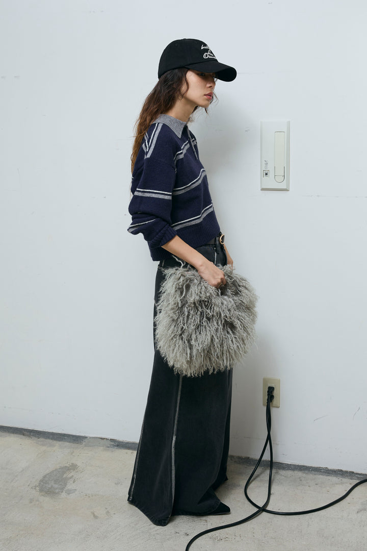 [予約/SET]ボーダーポロニット+ベルト付きデニムロングスカート(2set)