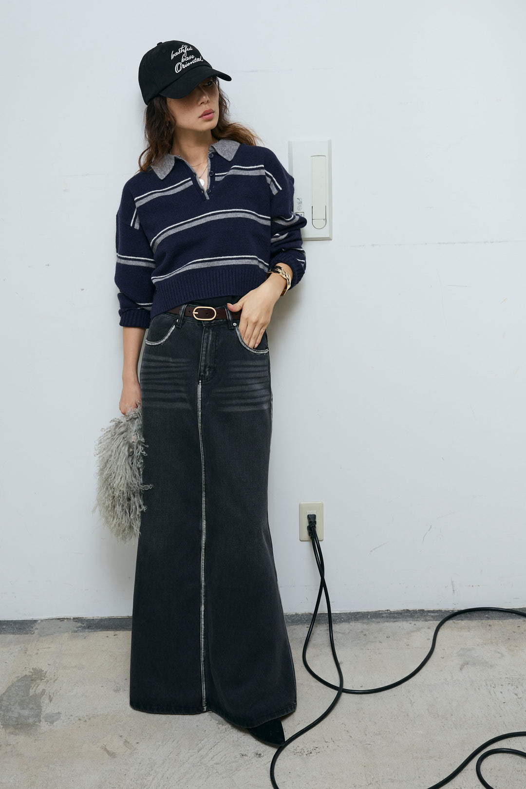 [予約/SET]ボーダーポロニット+ベルト付きデニムロングスカート(2set)