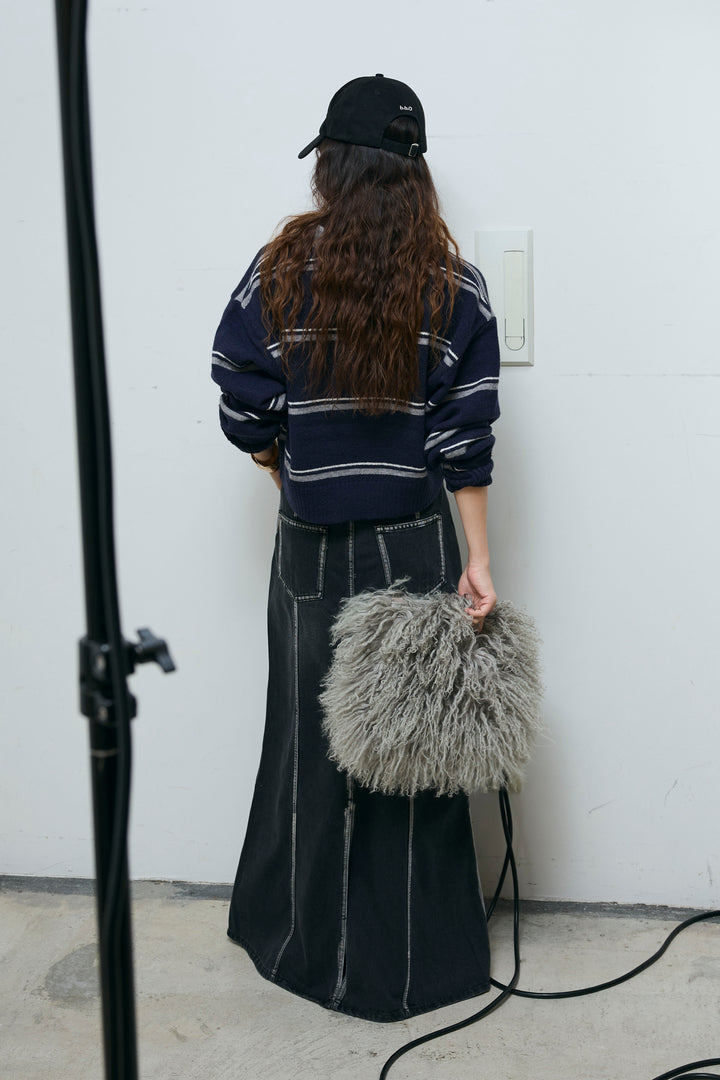 [予約/SET]ボーダーポロニット+ベルト付きデニムロングスカート(2set)