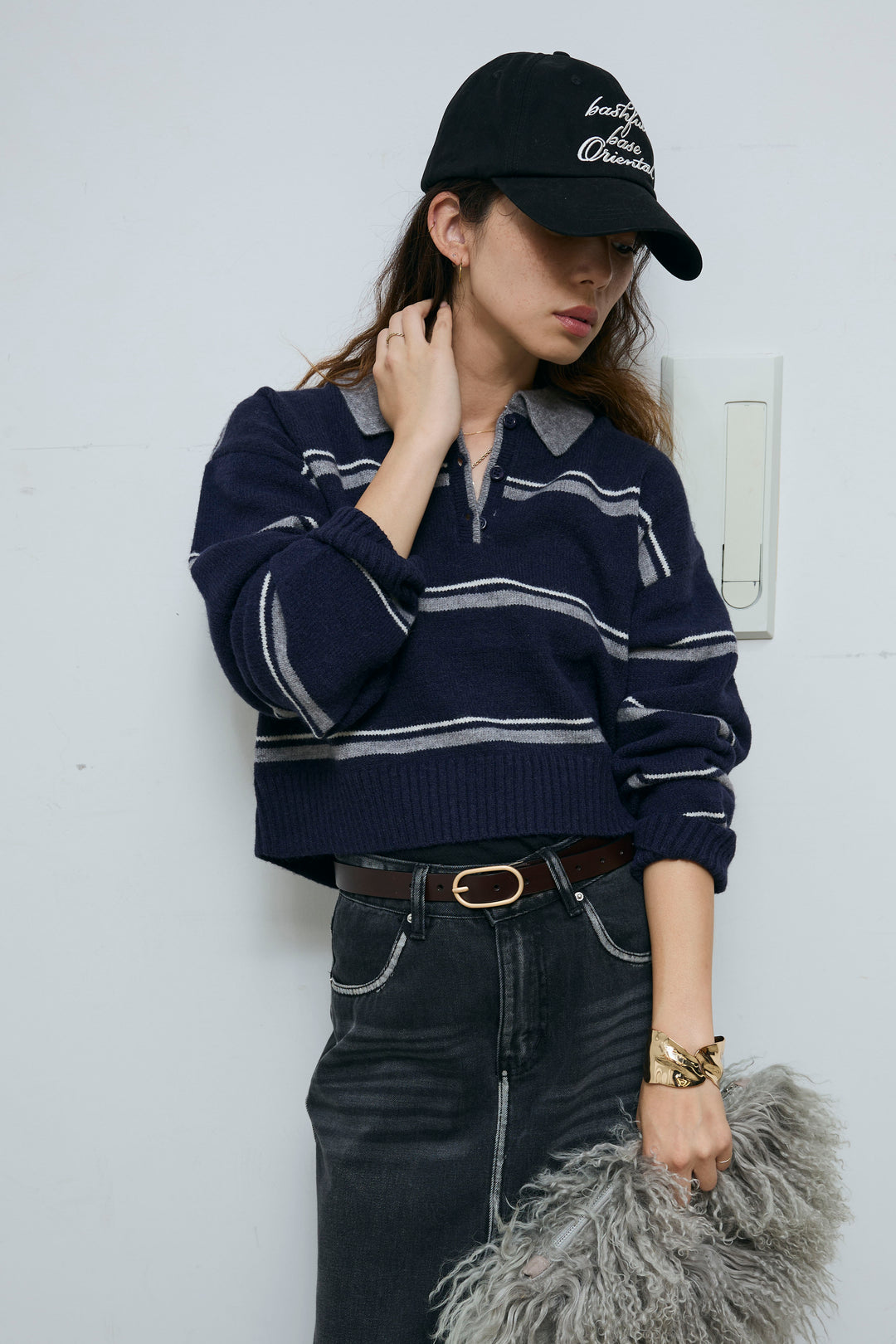 [予約/SET]ボーダーポロニット+ベルト付きデニムロングスカート(2set)