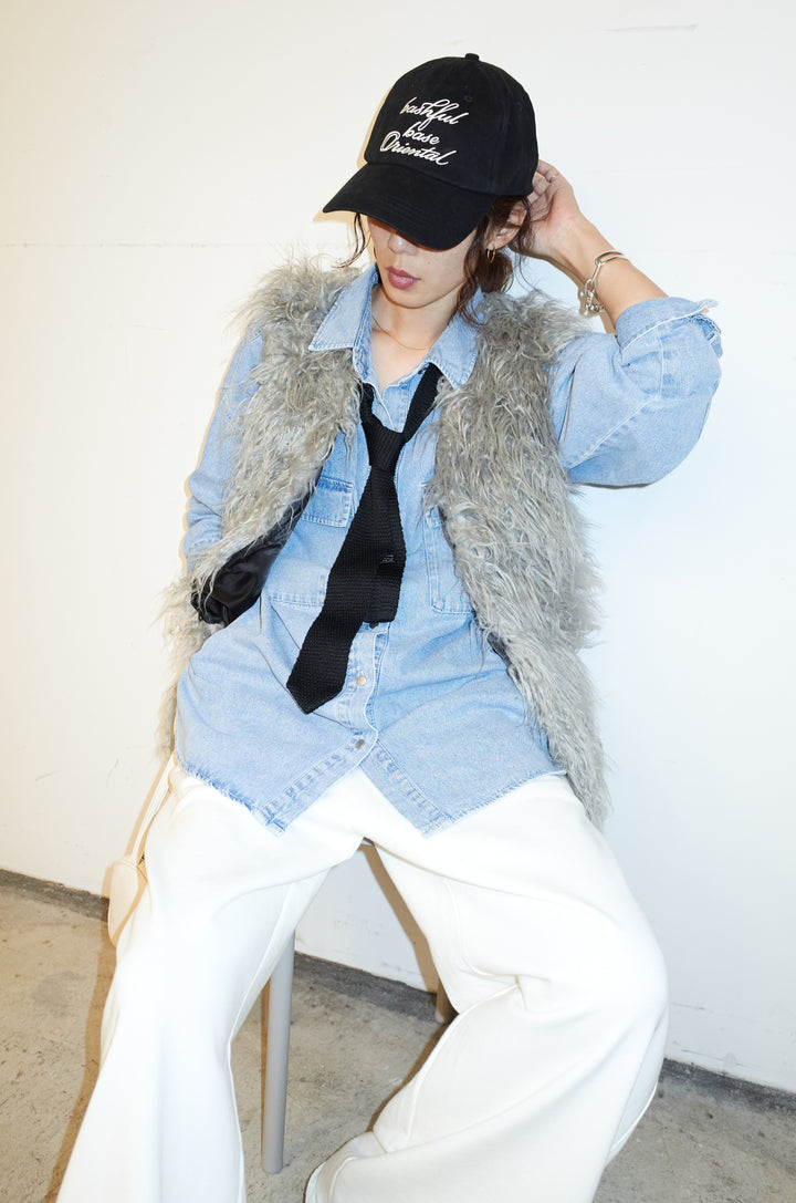 [予約/SET]フェイクシャギーファーベスト+オーバーサイズデニムシャツ+エフォートレススウェットパンツ(3set)