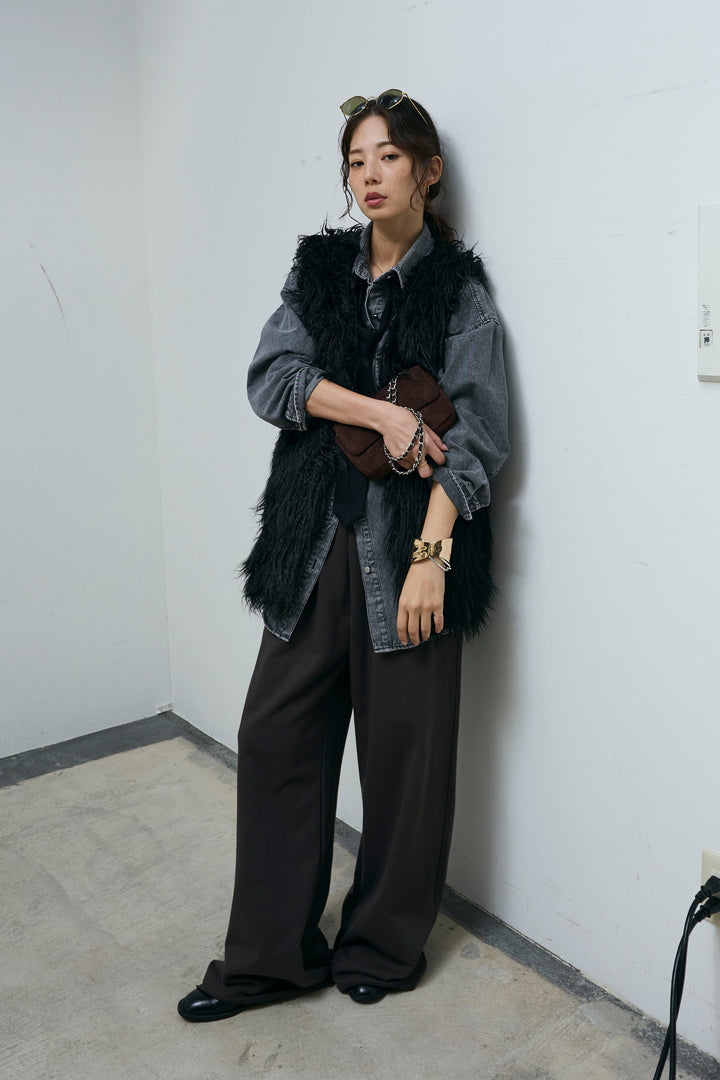 [予約/SET]フェイクシャギーファーベスト+オーバーサイズデニムシャツ(2set)