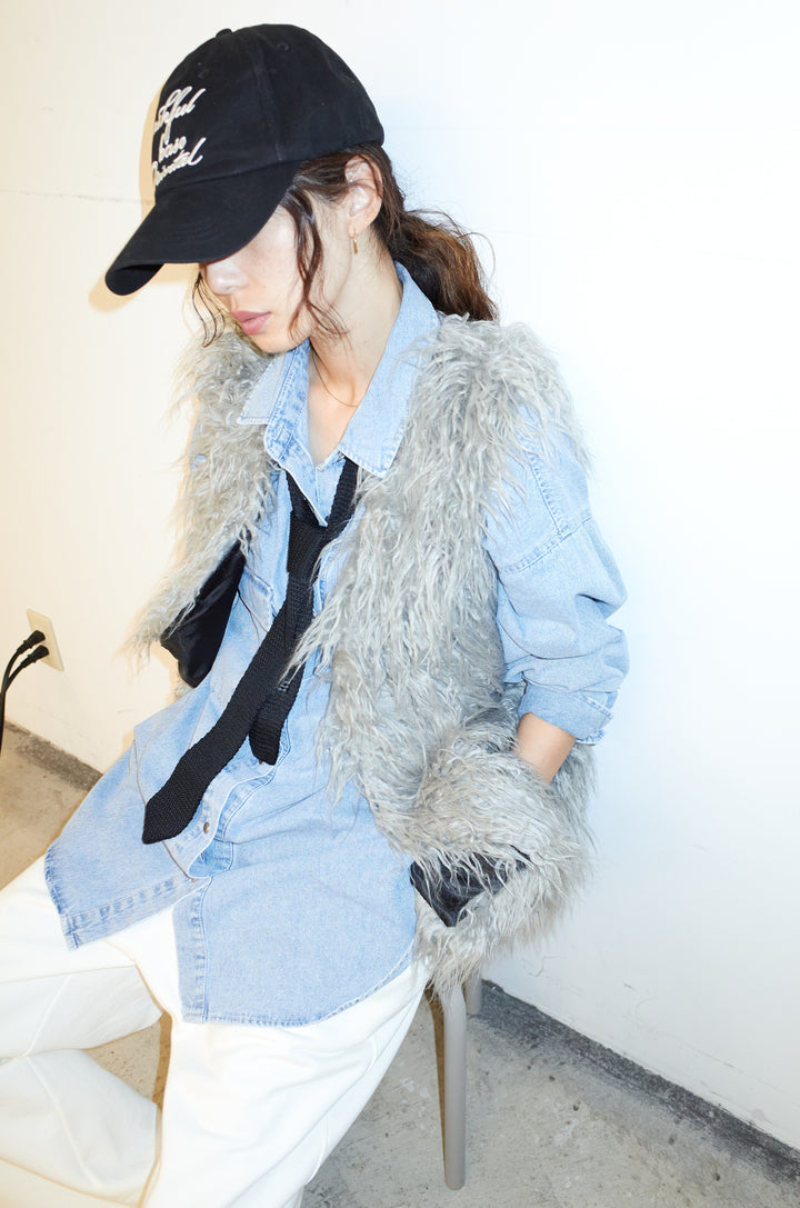 [予約/SET]フェイクシャギーファーベスト+オーバーサイズデニムシャツ(2set)