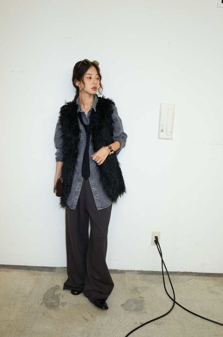 [予約/SET]フェイクシャギーファーベスト+オーバーサイズデニムシャツ(2set)