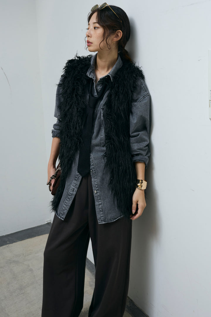 [予約/SET]フェイクシャギーファーベスト+オーバーサイズデニムシャツ+エフォートレススウェットパンツ(3set)