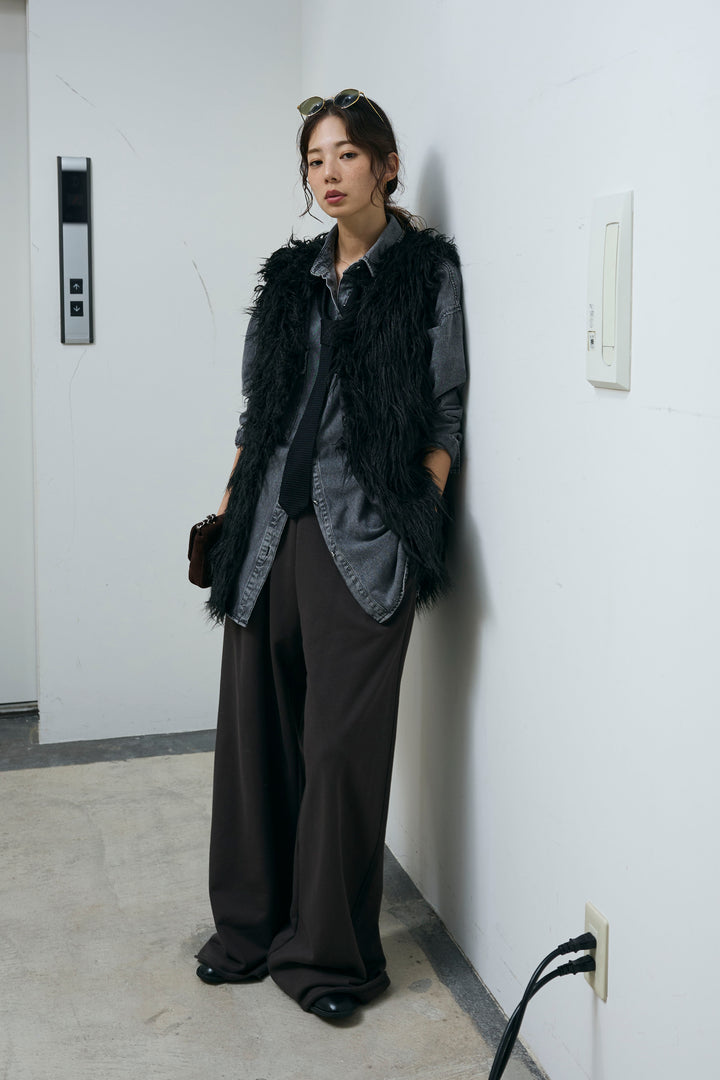 [予約/SET]フェイクシャギーファーベスト+オーバーサイズデニムシャツ(2set)