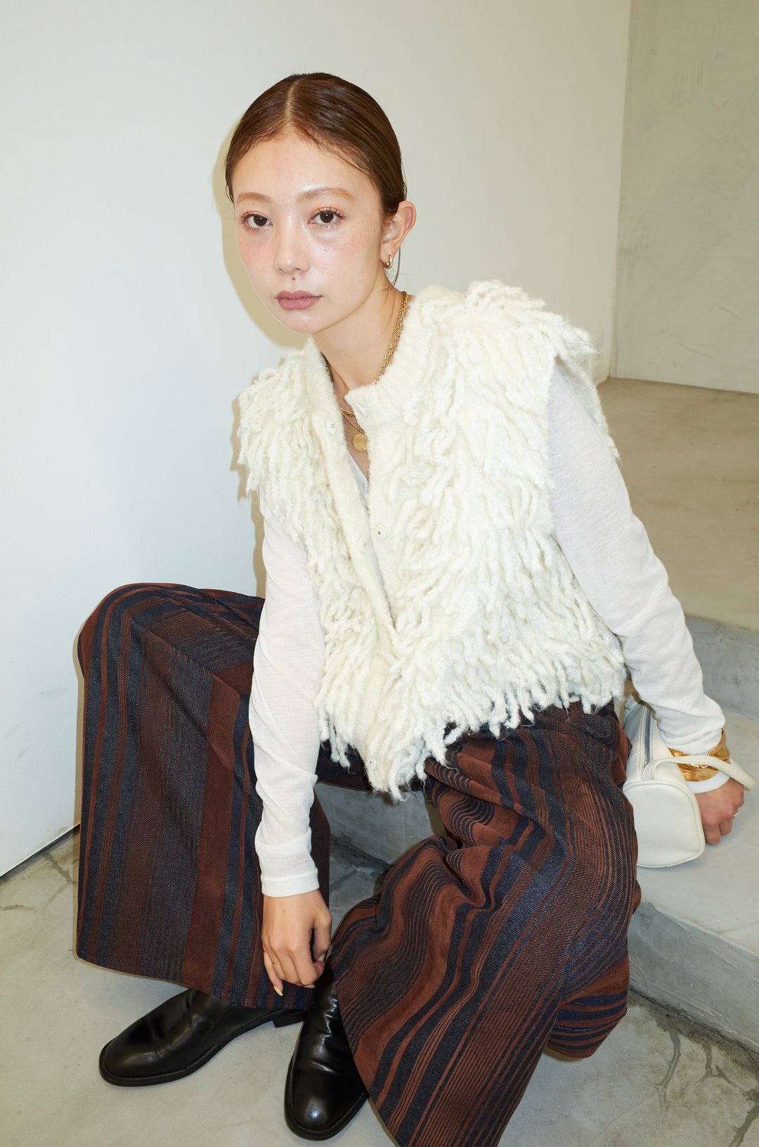 [予約/SET]フリンジニットベスト+ベロアストライプ細畝ワイドパンツ(2set)