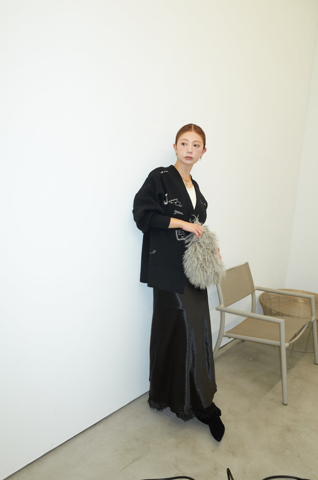 [予約/SET]グラフィティニットカーデ+裾レースサテンスカート(2set)