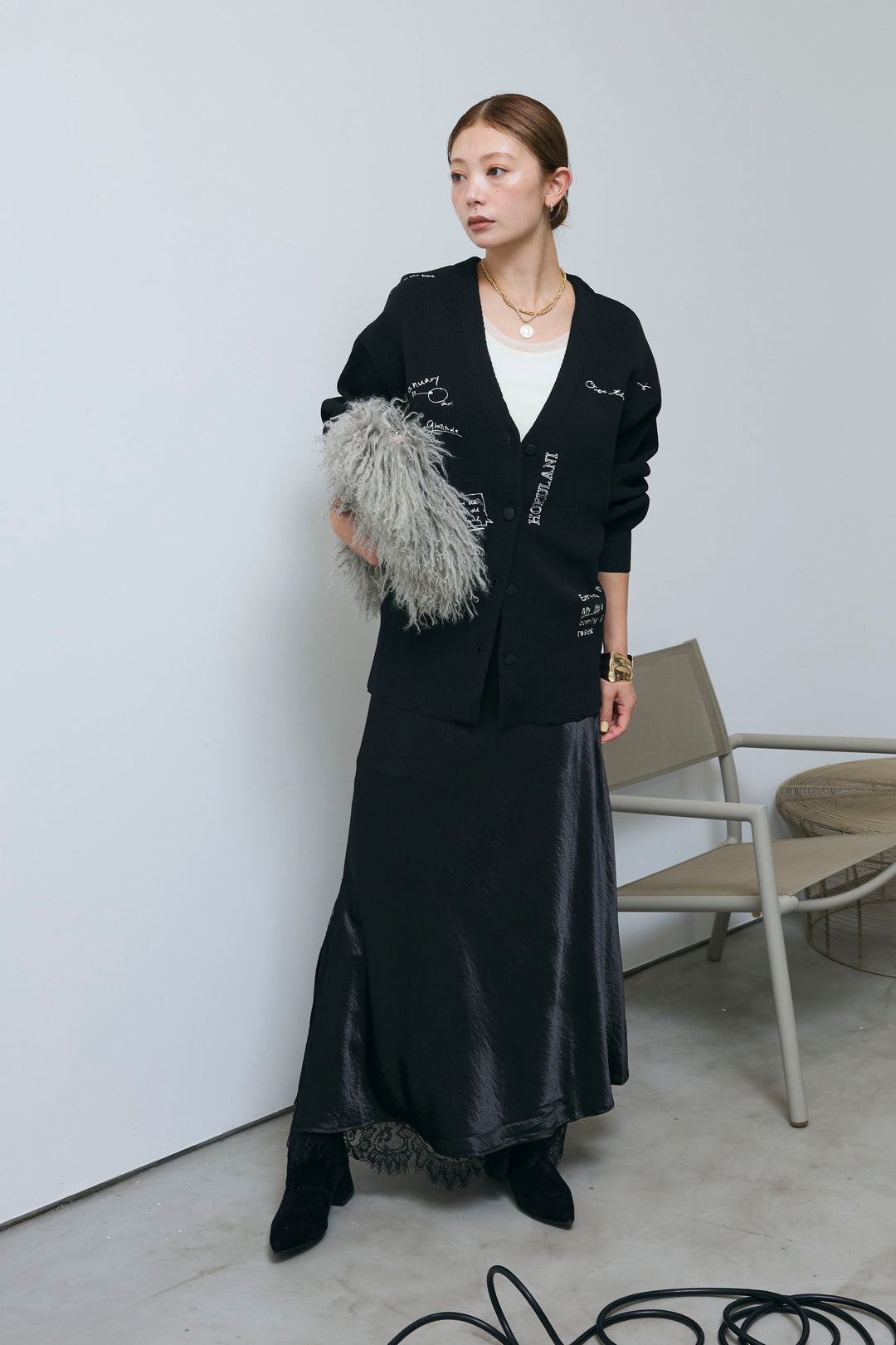 [予約/SET]グラフィティニットカーデ+裾レースサテンスカート(2set)