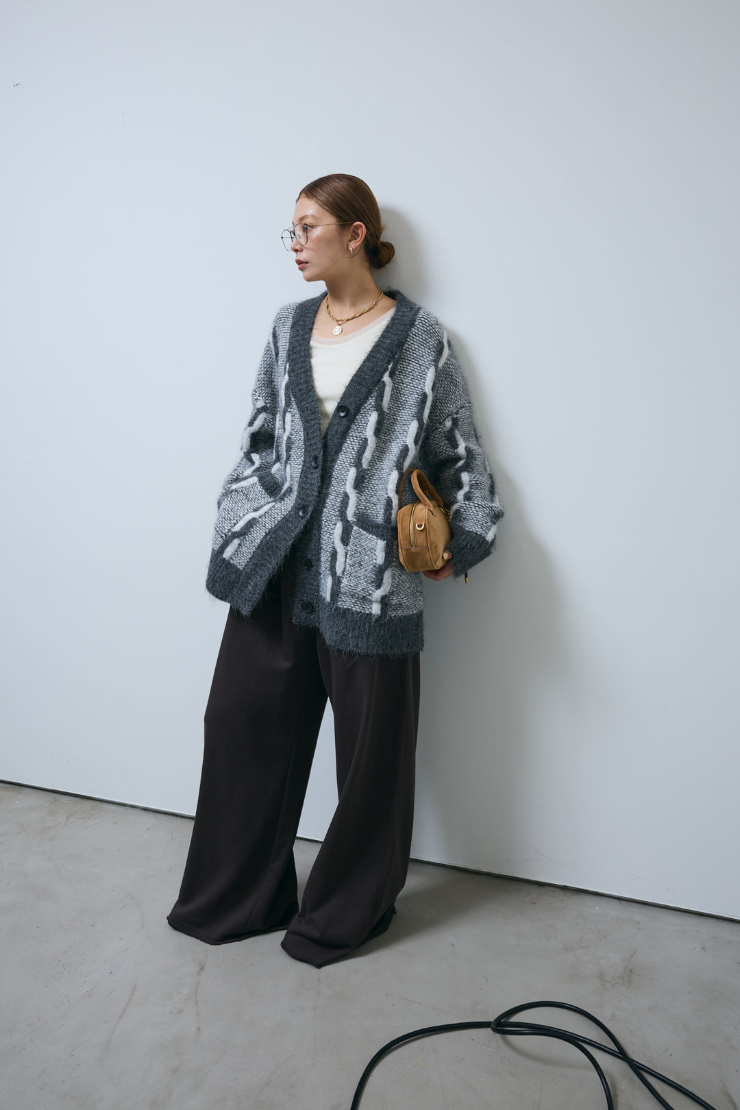 [予約/SET]ロープ柄ボリュームニットカーディガン+エフォートレススウェットパンツ(2set)