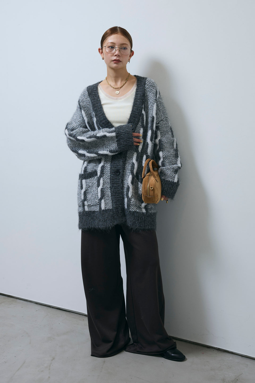 [予約/SET]ロープ柄ボリュームニットカーディガン+エフォートレススウェットパンツ(2set)