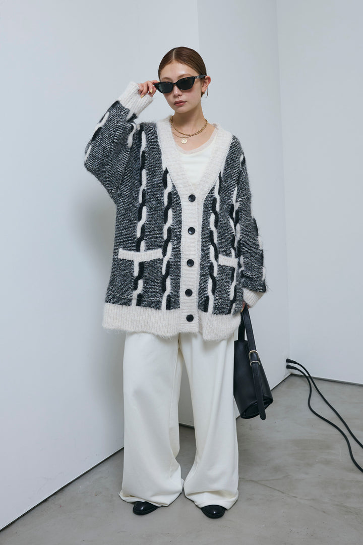 [予約/SET]ロープ柄ボリュームニットカーディガン+エフォートレススウェットパンツ(2set)