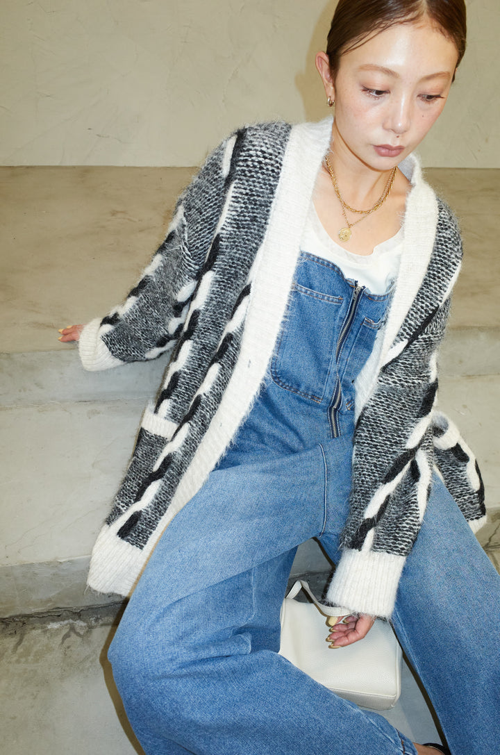 [予約/SET]ロープ柄ボリュームニットカーディガン+フロントジップストラップデザインデニムサロペット(2set)