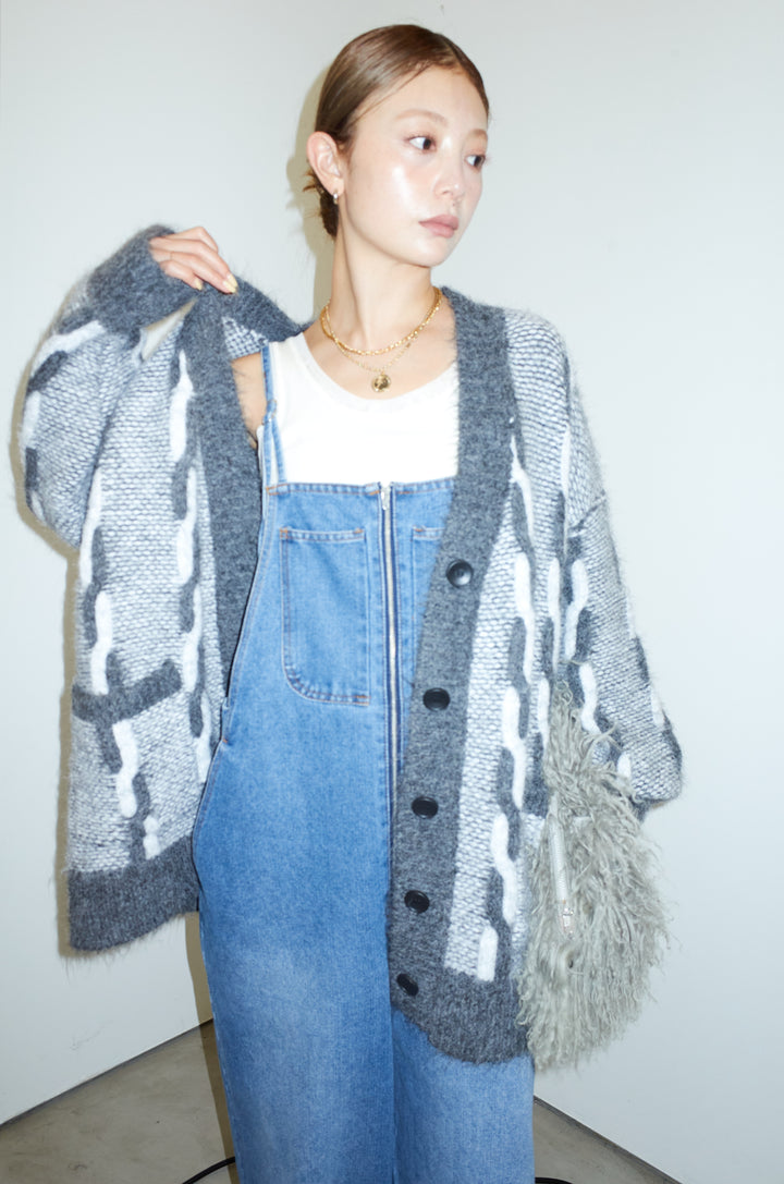 [予約/SET]ロープ柄ボリュームニットカーディガン+フロントジップストラップデザインデニムサロペット(2set)