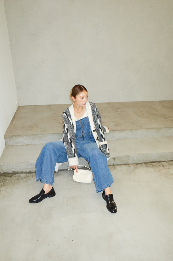 [予約/SET]ロープ柄ボリュームニットカーディガン+フロントジップストラップデザインデニムサロペット(2set)