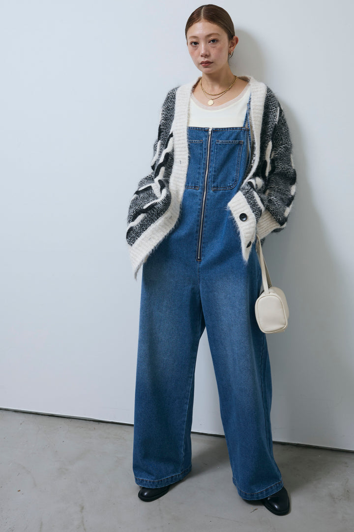[予約/SET]ロープ柄ボリュームニットカーディガン+フロントジップストラップデザインデニムサロペット(2set)