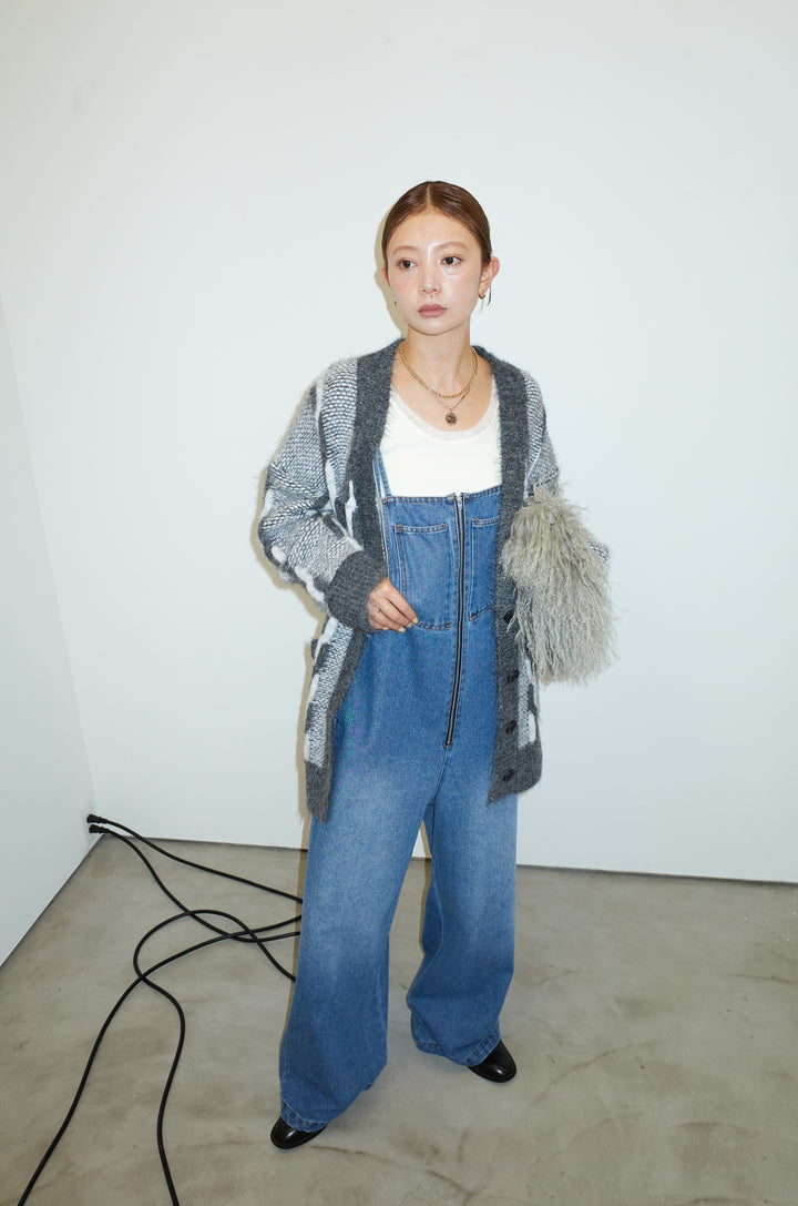 [予約/SET]ロープ柄ボリュームニットカーディガン+フロントジップストラップデザインデニムサロペット(2set)