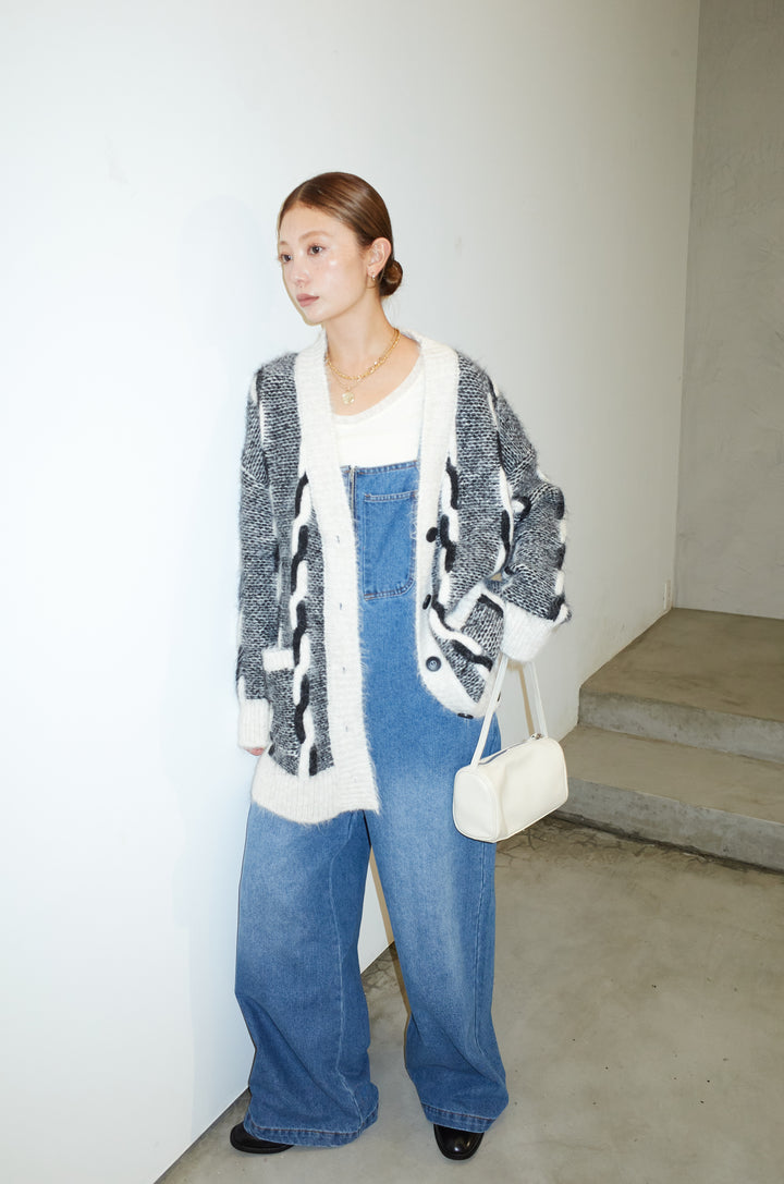[予約/SET]ロープ柄ボリュームニットカーディガン+フロントジップストラップデザインデニムサロペット(2set)