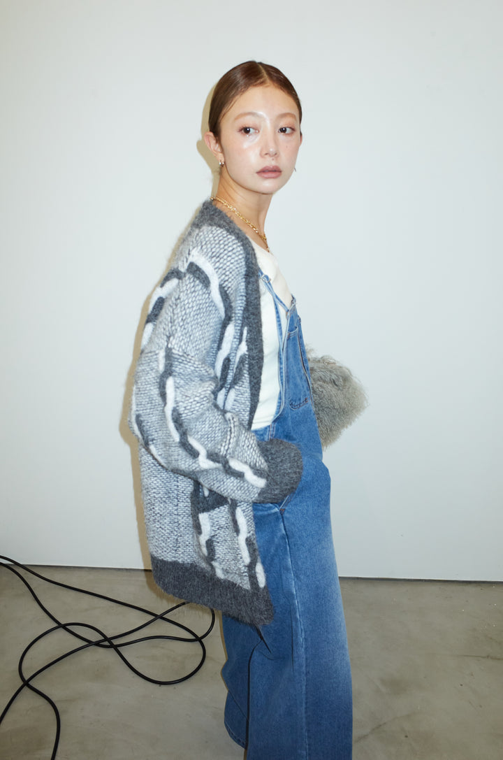 [予約/SET]ロープ柄ボリュームニットカーディガン+フロントジップストラップデザインデニムサロペット(2set)