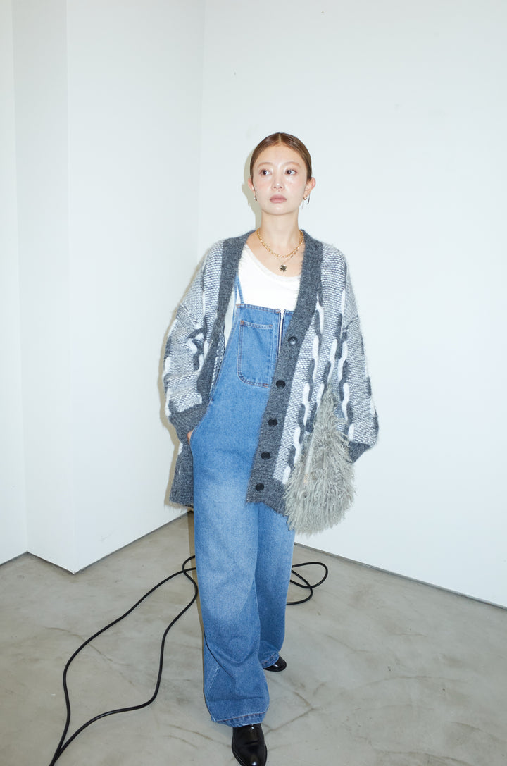 [予約/SET]ロープ柄ボリュームニットカーディガン+フロントジップストラップデザインデニムサロペット(2set)